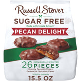 Russell Stover Sugar Free Pecan Delights bag front, portable sugar-free indulgence.
