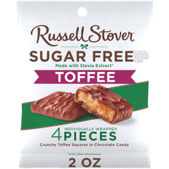 Russell Stover Sugar Free Toffee Squares in chocolate, bite-sized indulgence for sugar-conscious snacking.