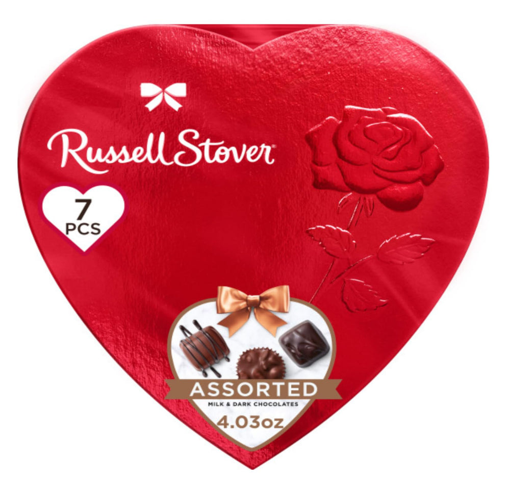 Russell Stover heart-shaped box with seven chocolates, ideal for Valentine gifting.