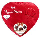Russell Stover heart-shaped box with seven chocolates, ideal for Valentine gifting.