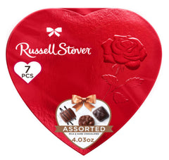 Russell Stover heart-shaped box with seven chocolates, ideal for Valentine gifting.