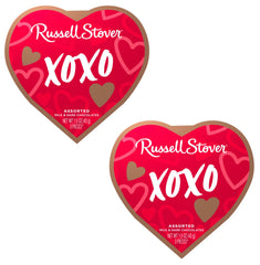 Russell Stover Valentine’s heart-shaped box front view, gift-ready presentation for Valentine's Day.