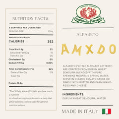 Rustichella d'Abruzzo Alfabeto pasta with a 7 minute cook time.