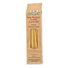 Rustichella d'Abruzzo fettuccine packaging highlights premium durum wheat quality for versatile sauces.