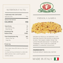 Rustichella d'Abruzzo Fregola Sarda color close-up; saffron tint enhances visual appeal.