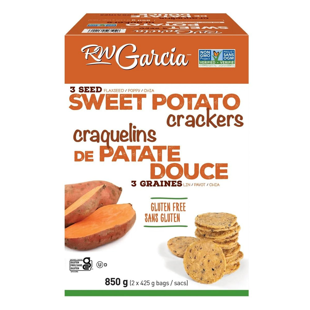 RW Garcia 3-Seed Sweet Potato Crackers packaging with two bags for pantry snacking