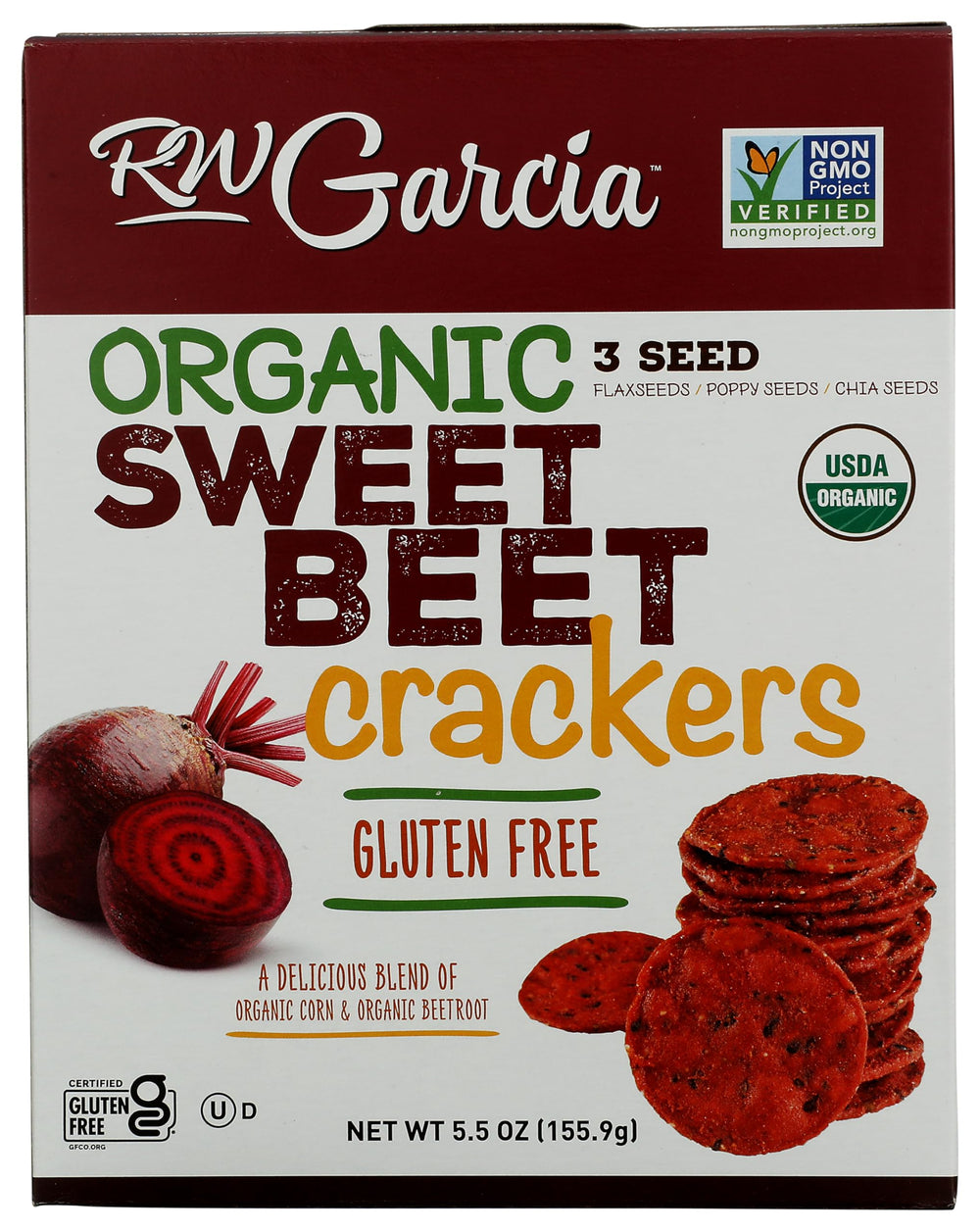 RW Garcia Organic Sweet Beet Crackers pack shot highlighting crisp texture for snacking