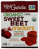 RW Garcia Organic Sweet Beet Crackers pack shot highlighting crisp texture for snacking