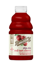 R.W. Knudsen Cha Cha Red Tart Cherry bottle pour, organic flavor ideal for cocktails.