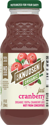 R.W. Knudsen Organic Just Cranberry Juice bottle front shows pure, tart flavor