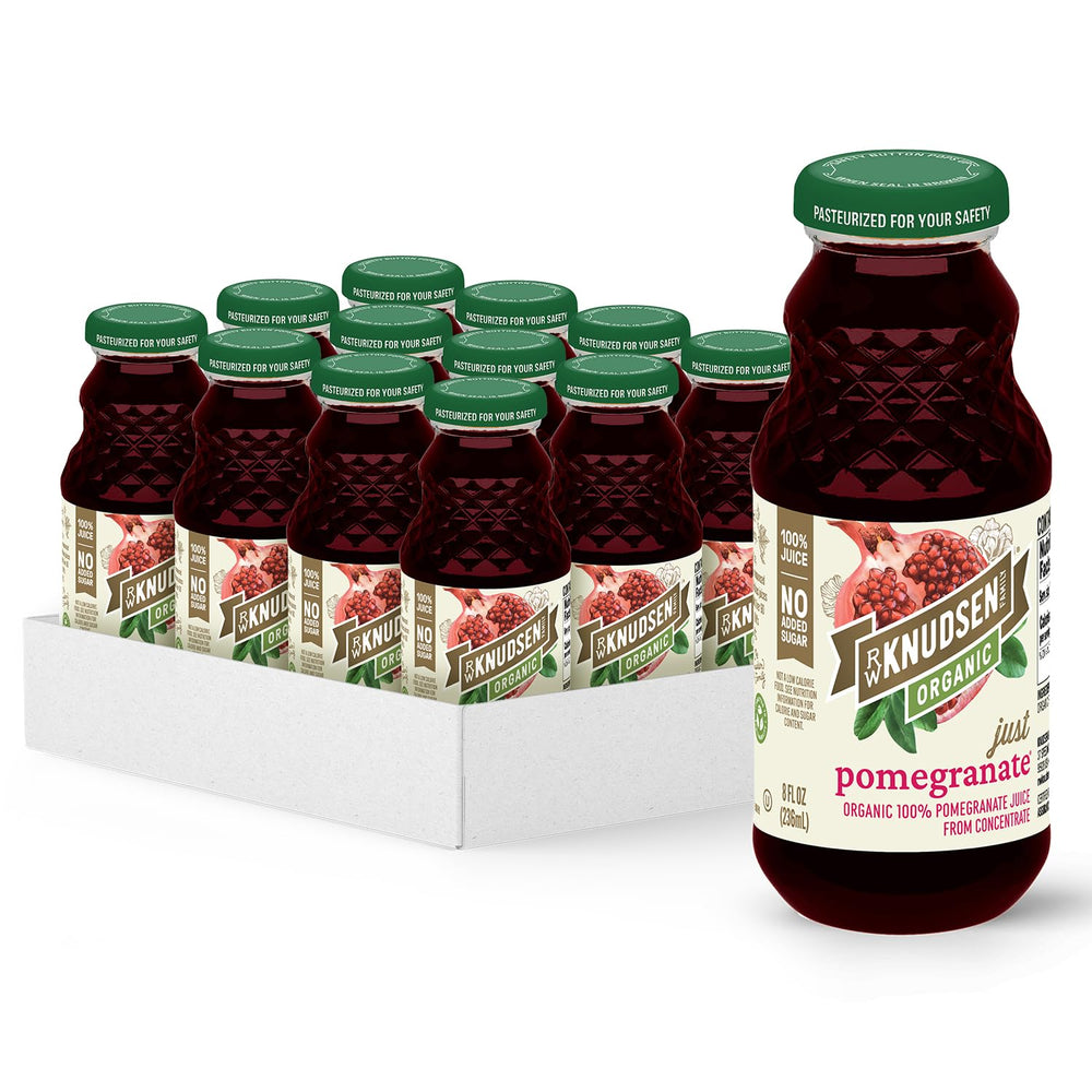 R.W. Knudsen Organic Pomegranate Juice bottle front, ideal for smoothies and beverages.