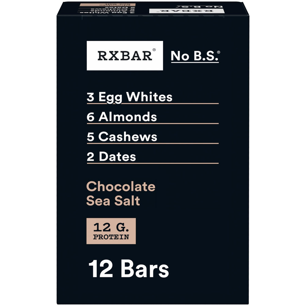 RXBAR Chocolate Sea Salt box front highlighting convenient protein snack