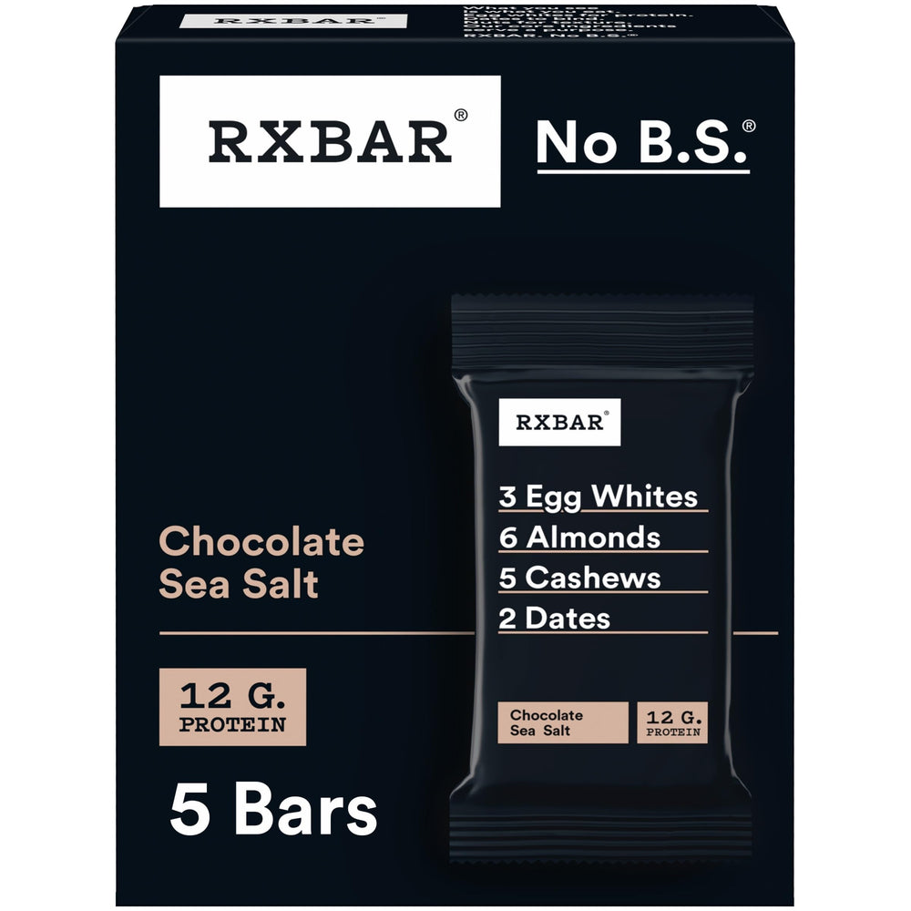 RXBAR Chocolate Sea Salt packaging close-up — simple ingredients and 12g protein for daily fueling.