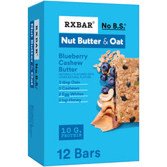RXBAR Nut Butter and Oat Blueberry Cashew Butter bar packshot shows simple ingredients for on-the-go protein