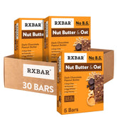 RXBAR Nut Butter and Oat Dark Chocolate Peanut Butter bar packaging highlights clean ingredients for on-the-go fueling.