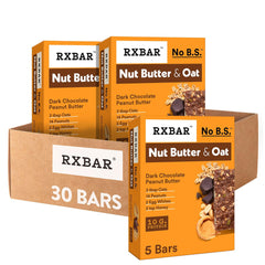 RXBAR Nut Butter and Oat Dark Chocolate Peanut Butter bar packaging highlights clean ingredients for on-the-go fueling.