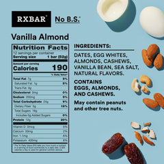 RXBAR Vanilla Almond ingredients close-up showing eggs whites and nuts.