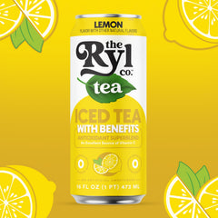 Ryl Co lemon iced tea being poured into a glass, capture refreshing flavor.