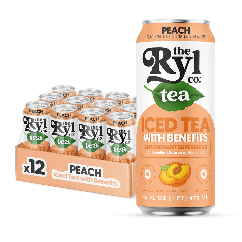 The Ryl Co Peach Iced Tea 16 oz can on display, crisp peach flavor for a refreshing break.