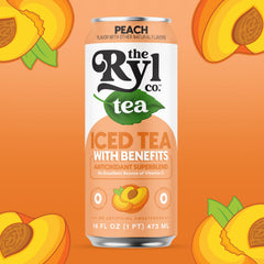 Ryl Co Peach Iced Tea label closeup shows antioxidant blend and vitamin C.