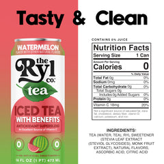 The Ryl Co Iced Tea Watermelon label detail shows zero sugar and natural sweetness