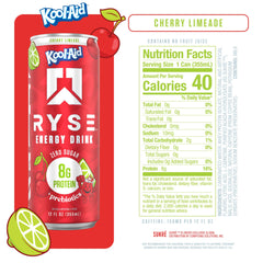 RYSE Kool-Aid Cherry Limeade can shows 150mg caffeine for steady focus.