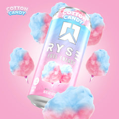 Top view of a RYSE Fuel can featuring Cotton Candy flavor.