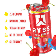RYSE Fuel energy cans stacked in a 12-pack for on-the-go energy.