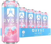 RYSE Fuel Cotton Candy energy drink can shows zero sugar and vegan formula for focus.