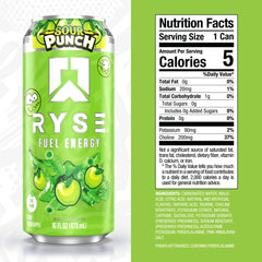 RYSE Fuel Energy Drink front label closeup showing vegan, gluten-free formula.