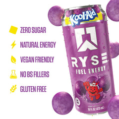 RYSE Fuel Kool-Aid Grape can being poured to reveal grape flavor