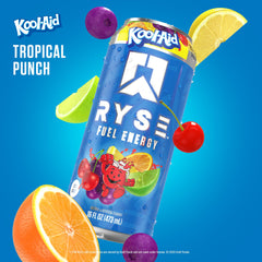 RYSE Fuel Kool-Aid Tropical Punch close-up label highlights vegan gluten-free ingredients.