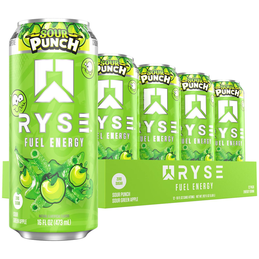 RYSE Fuel Energy Drink Sour Punch Green Apple can for sugar-free, on-the-go energy.