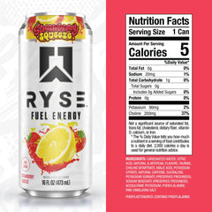 Close-up of RYSE Fuel Strawberry Squeeze can highlighting sugar-free energy