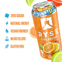 Glass with can of RYSE Fuel SunnyD Tangy Original on a desk for study