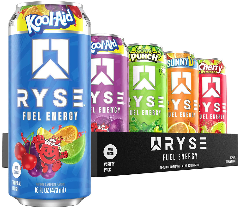 RYSE Fuel Energy Drink front view showing sugar-free, vegan energy for busy days