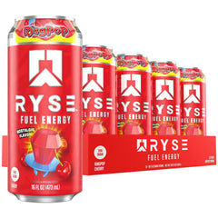 RYSE Fuel Ring Pop Cherry can close-up, offering clean energy for focus.