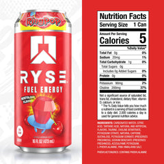 RYSE Fuel Ring Pop Cherry label close-up, highlighting zero sugar and vegan formula.