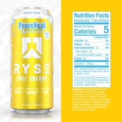 Close-up of RYSE Fuel Lemonade can with bold frost detail and caffeine claim