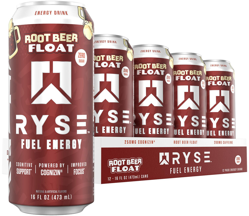 RYSE Fuel Root Beer Float can showing sugar-free energy and focus-ready benefits