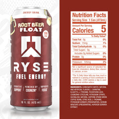 RYSE Fuel Root Beer Float pour highlights smooth caffeine energy for study or workouts