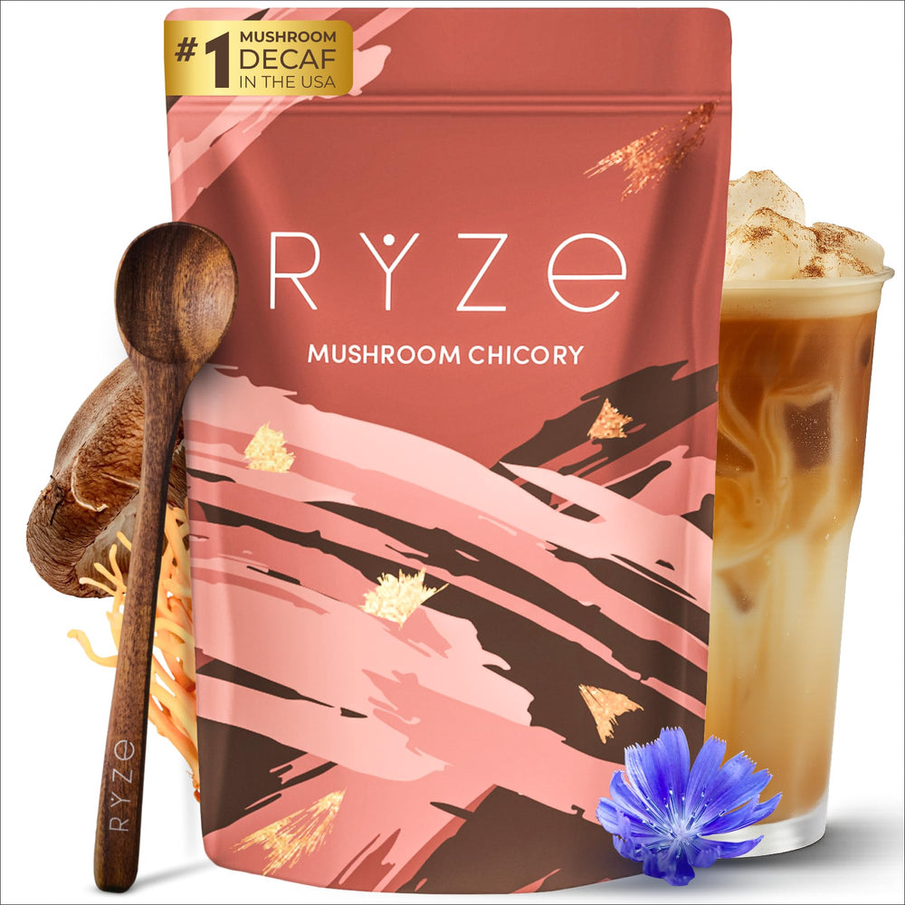 RYZE Mushroom Chicory packshot shows a caffeine-free morning ritual option