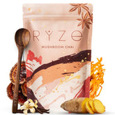 RYZE Mushroom Chai bottle on counter suggesting daily energy
