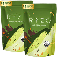 RYZE SUPERFOODS Mushroom Matcha Starter Kit packaging highlights premium ingredients for a convenient daily ritual.