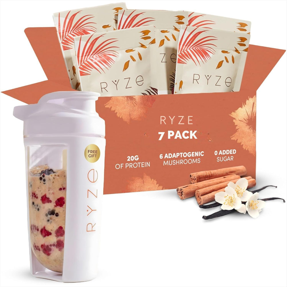 RYZE SUPERFOODS Mushroom Protein Overnight Oats bowl shows a protein-packed breakfast option