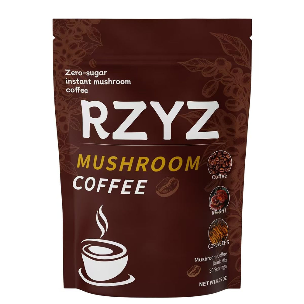 RZYZ Mushroom Coffee steaming cup highlights aroma and energy potential.