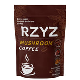 RZYZ Mushroom Coffee steaming cup highlights aroma and energy potential.