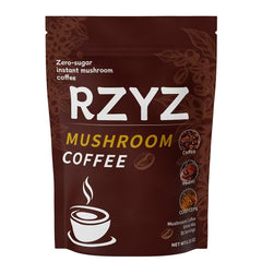 RZYZ Mushroom Coffee steaming cup highlights aroma and energy potential.