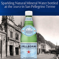 S.Pellegrino bottle on table with food pairing idea