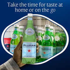 Close-up of S.Pellegrino label and bubbles highlighting crisp flavor